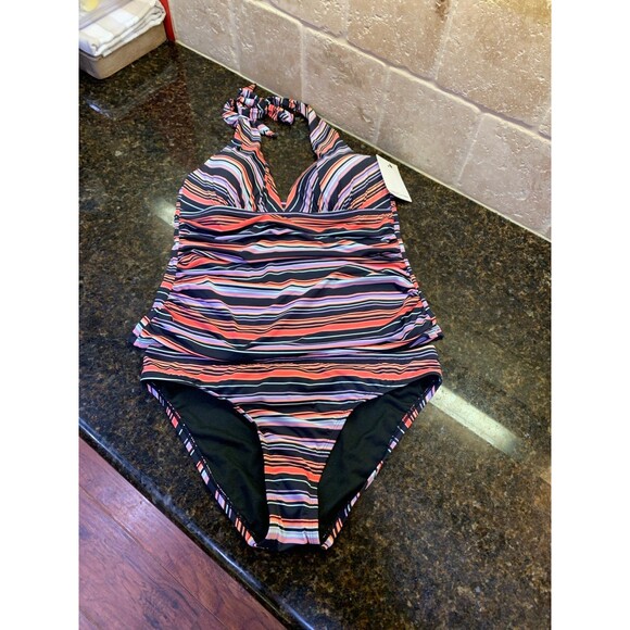 Gibson & Latimer Multi Molded Ruched Tie Neck Halterkini Swim Set XS NWT - Picture 1 of 10